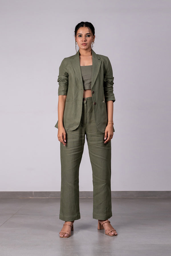 Diane Linen Blazer with Welt Pockets - Olive Green