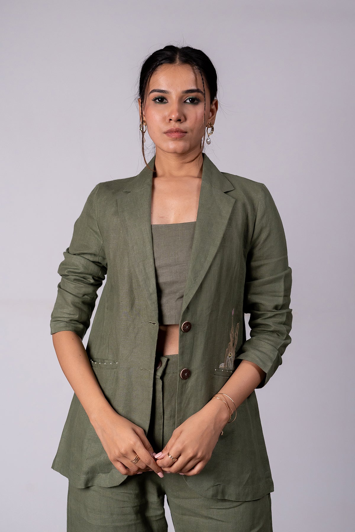 Diane Linen Blazer with Welt Pockets - Olive Green