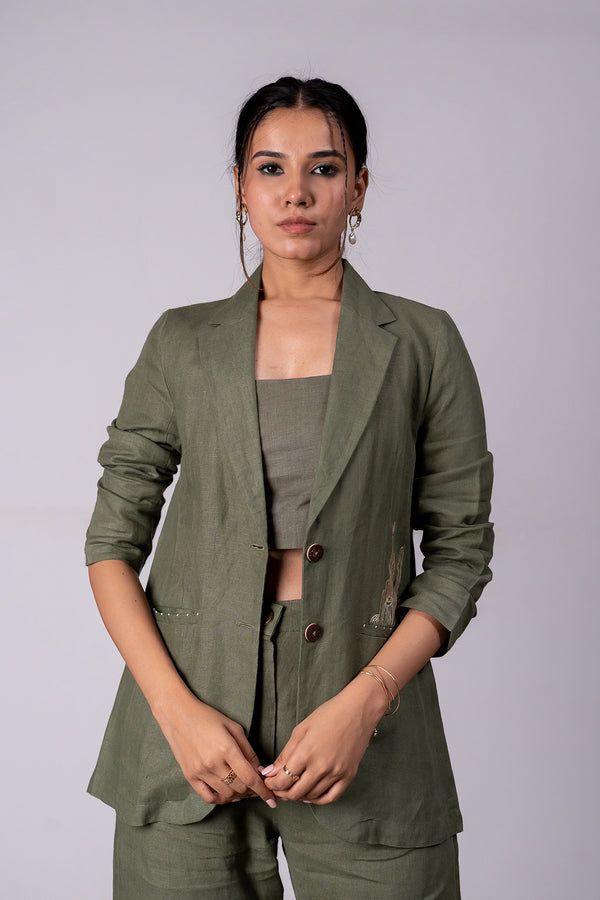 Diane Linen Blazer with Welt Pockets - Olive Green