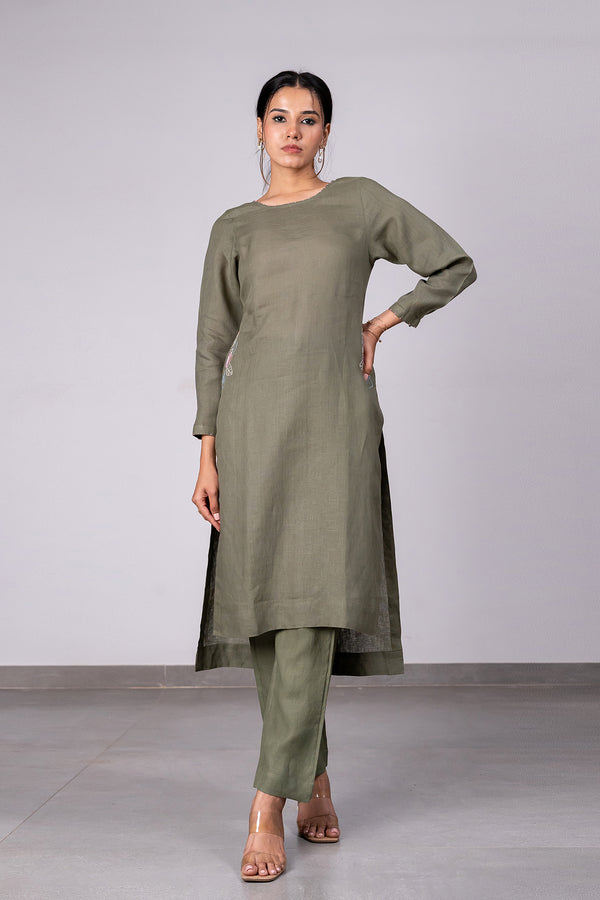 Doris Linen High-low Hem Kurta With Pockets - Olive Green