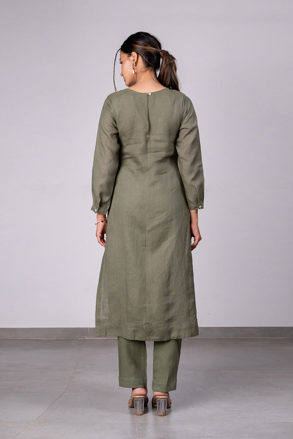 Doris Linen High-Low Hem Kurta With Pockets – Olive Green