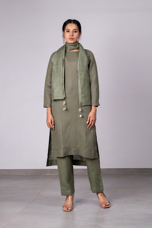 Doris Linen High-Low Hem Kurta With Pockets – Olive Green