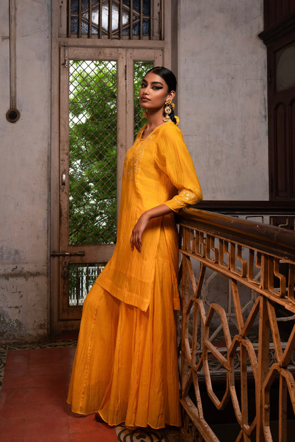 Moti Mala Sharara Kurta set - kesariya Peela