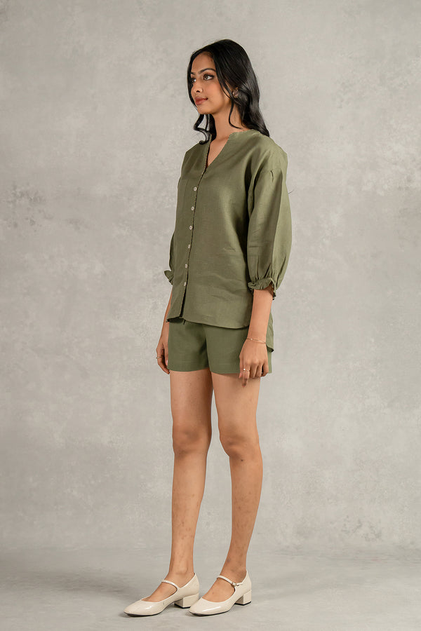 Emma Linen Shirt with Patch pocket - Olive Green