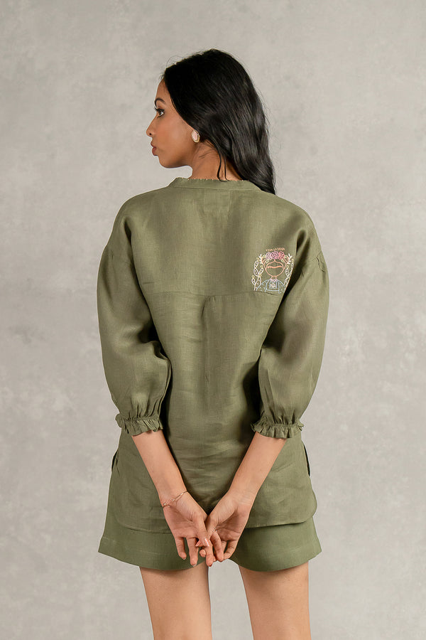 Emma Linen Shirt with Patch pocket - Olive Green