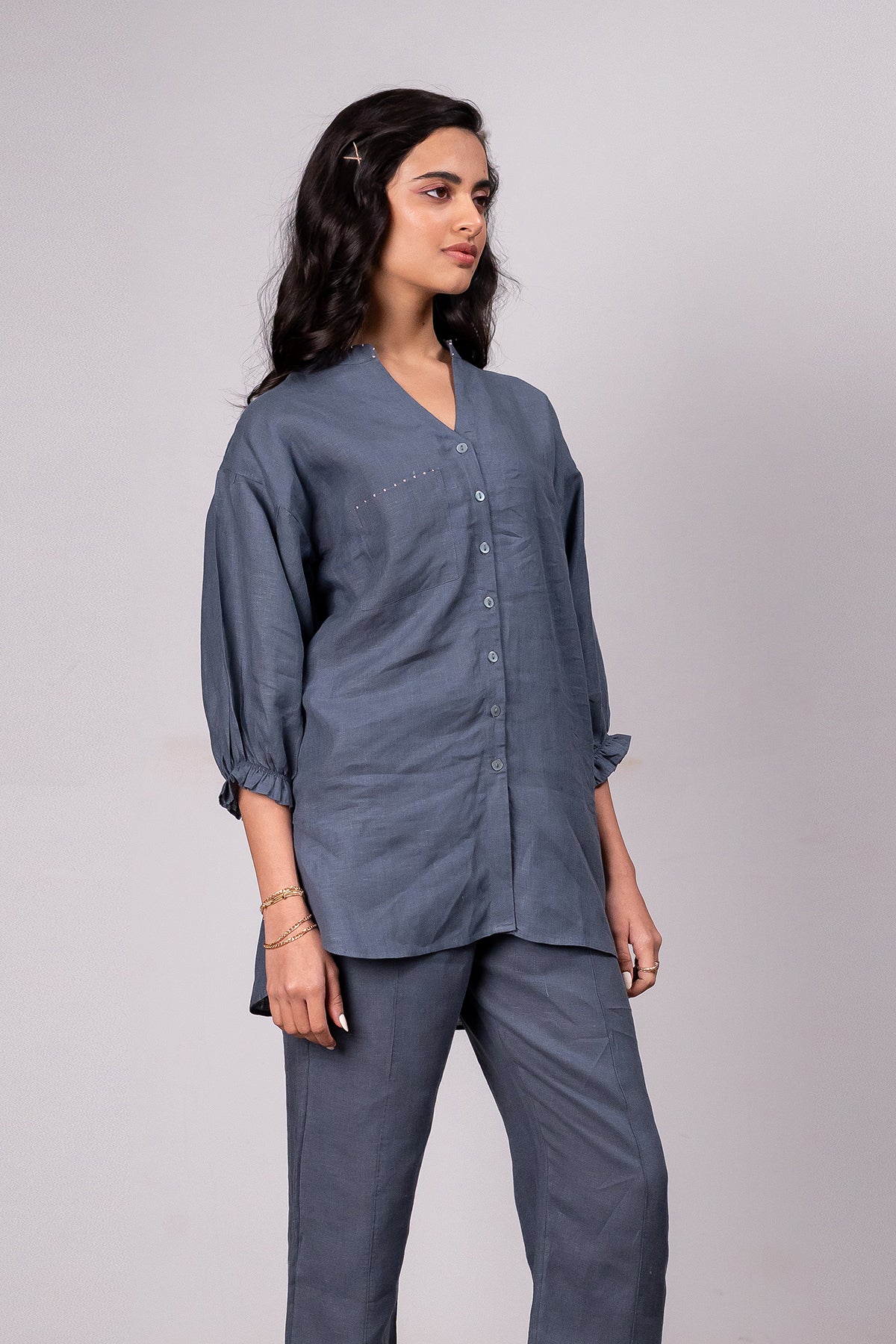 Emma Linen Shirtwith Patch Pocket – Charcoal Grey