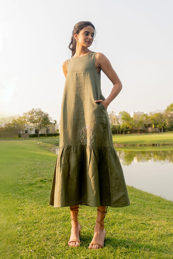 Frida Linen Sleeveless Long Dress - Olive Green