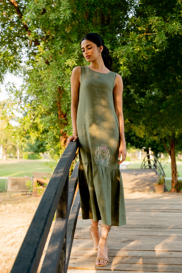 Frida Linen Sleeveless Long Dress - Olive Green