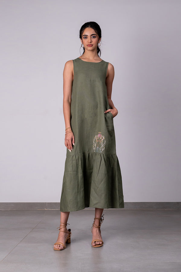 Frida Linen Sleeveless Long Dress - Olive Green