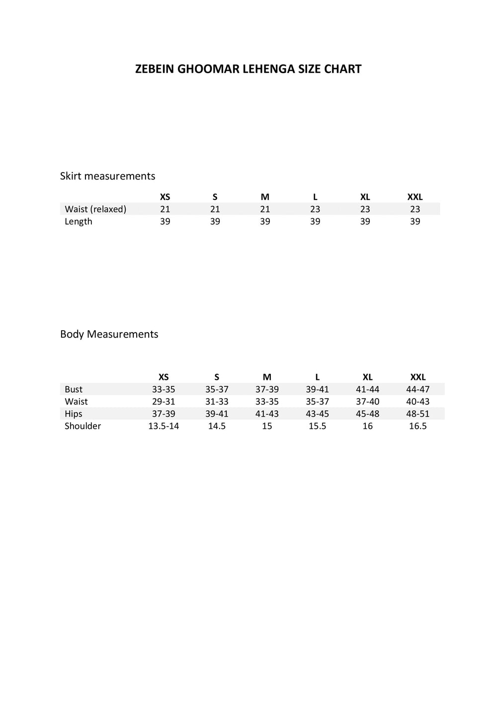 Size Chart 1