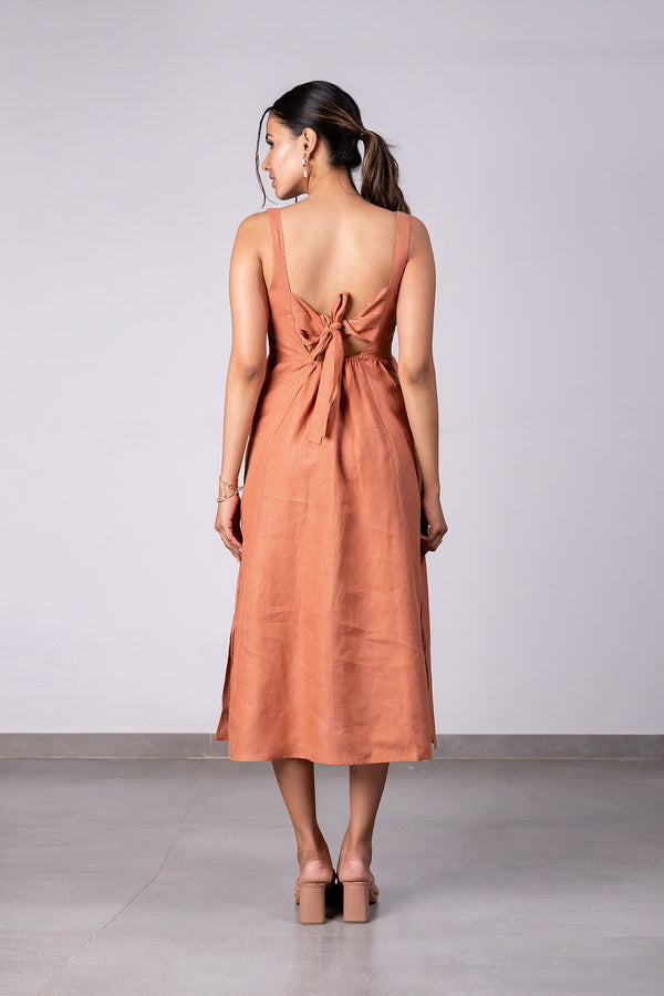 Gabriella Linen Sleeveless Back Bow Dress – Sand Brown