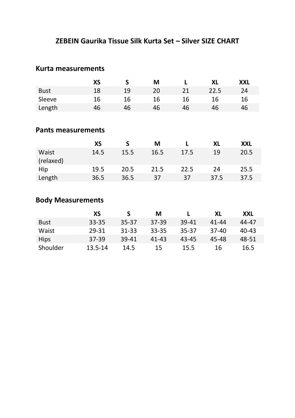 Size Chart 1