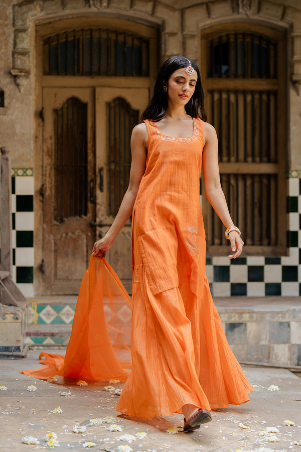 "Genda Phool Chanderi Silk short kurta with gharara - Orange "