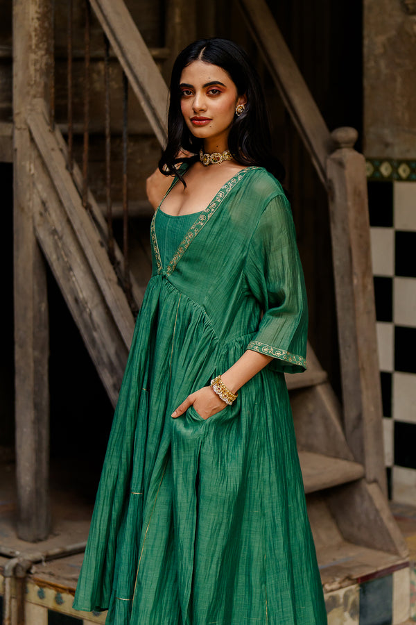 Gudhal Chanderi Silk Kali Jacket- Green