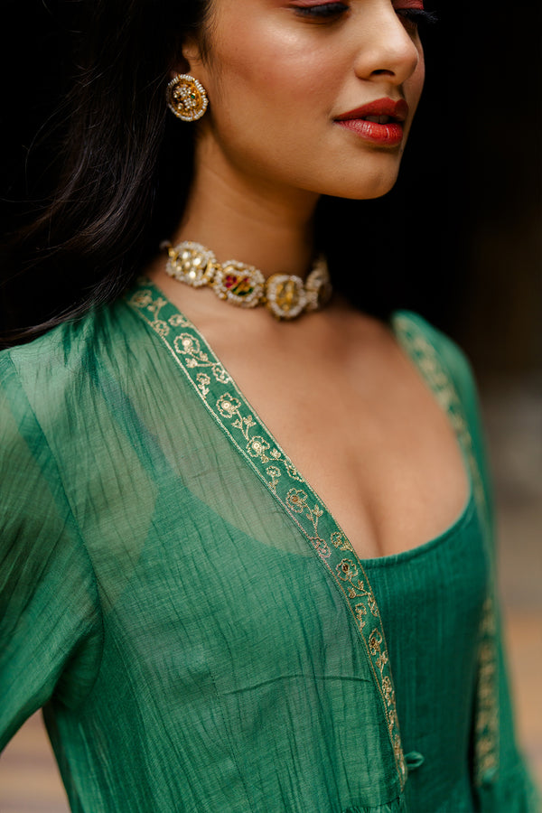 Gudhal Chanderi Silk Kali Jacket- Green
