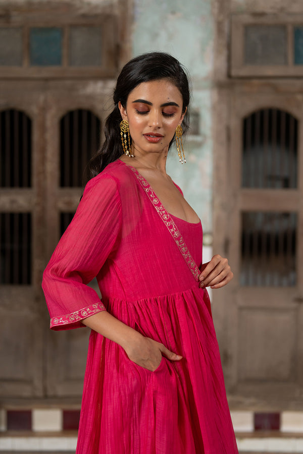 Gudhal Chanderi Silk Kali Jacket- Pink