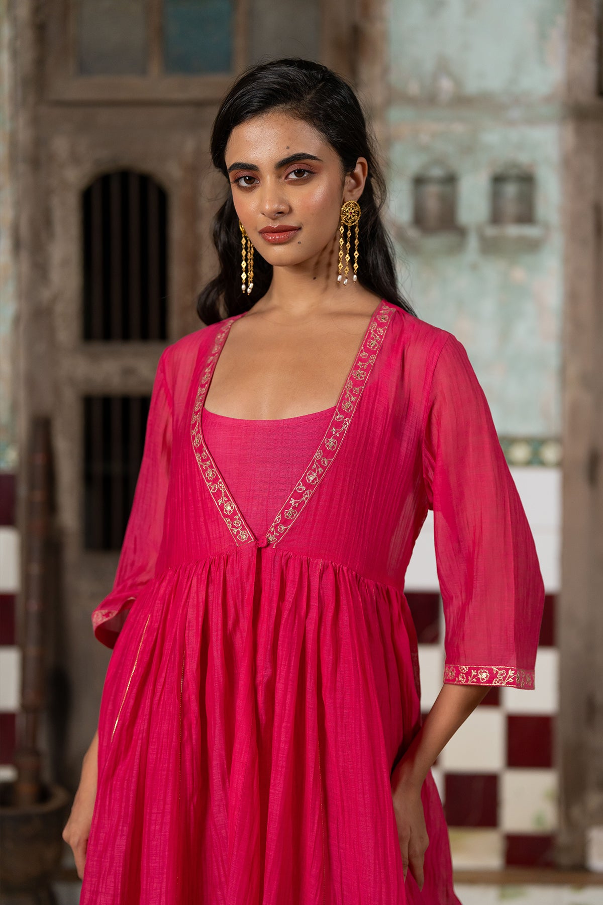 Gudhal Chanderi Silk Kali Jacket- Pink
