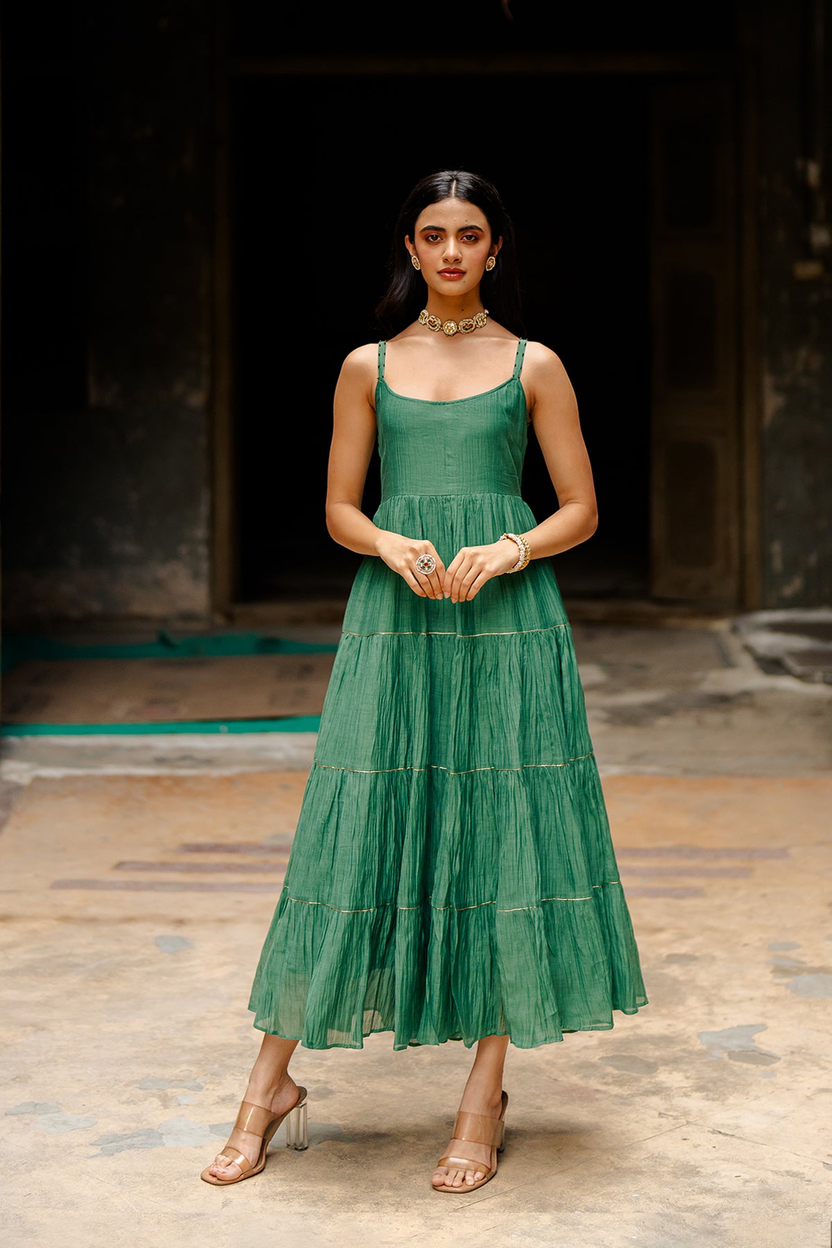 Gudhal Chanderi Silk Multi-Tier Dress - Green