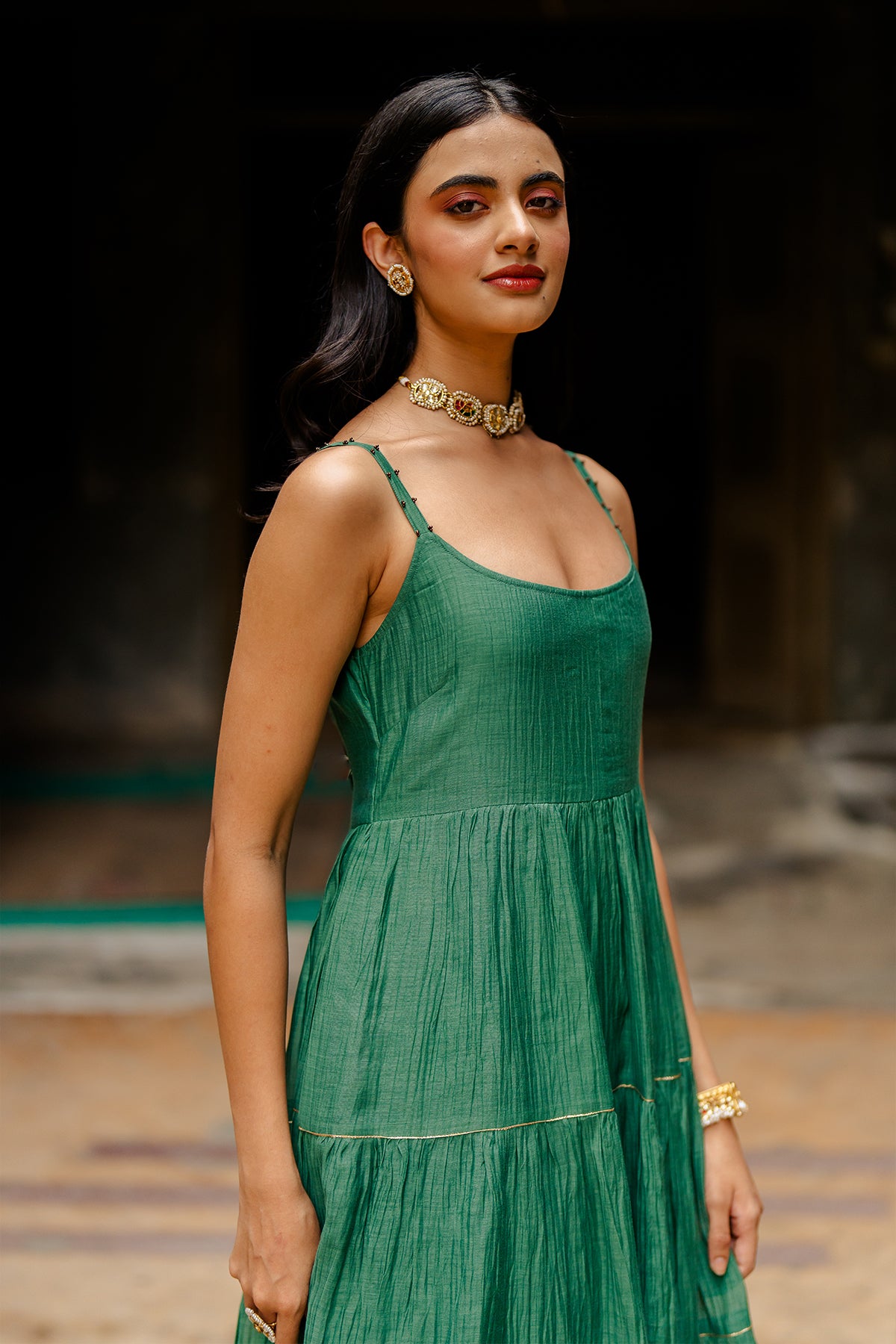 Gudhal Chanderi Silk Multi-Tier Dress - Green