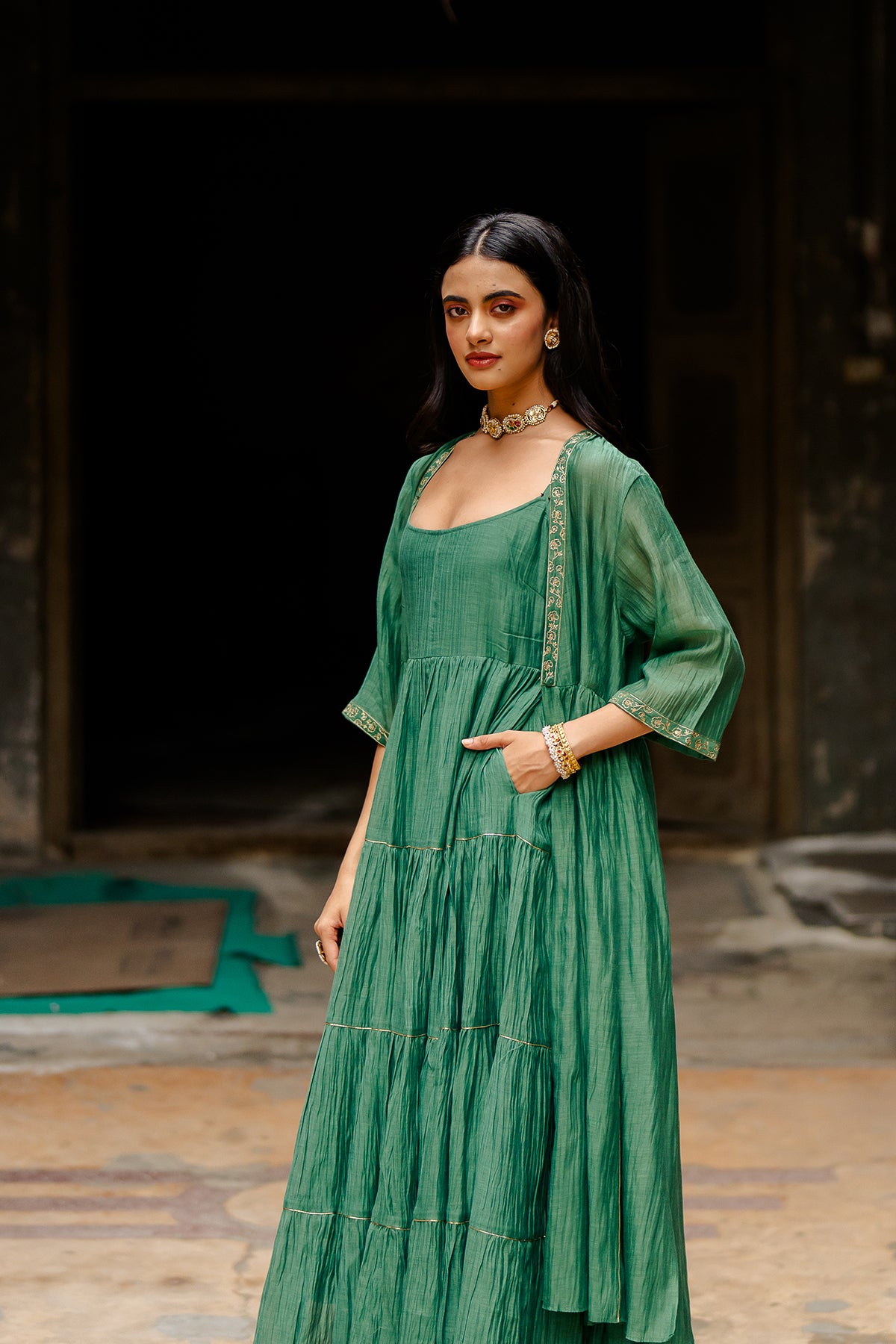 Gudhal Chanderi Silk Multi-Tier Dress - Green
