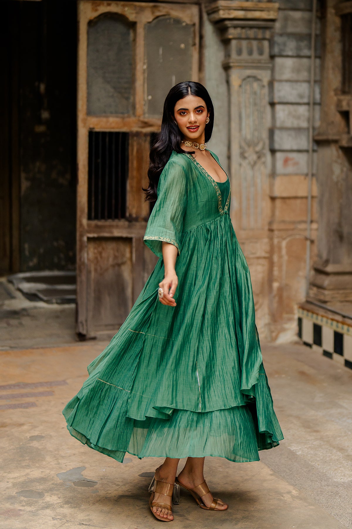 Gudhal Chanderi Silk Multi-Tier Dress - Green