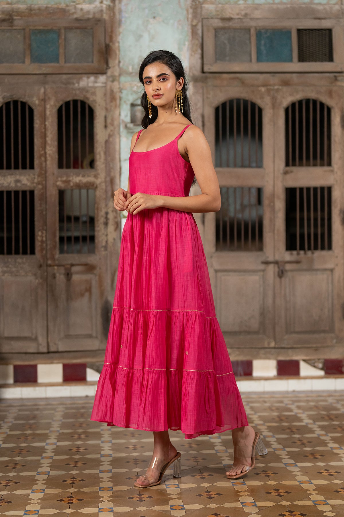 Gudhal Chanderi Silk Multi-Tier Dress - Pink