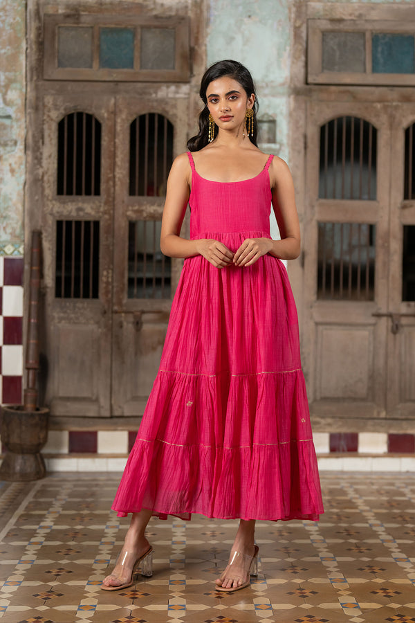 Gudhal Chanderi Silk Multi-Tier Dress - Pink