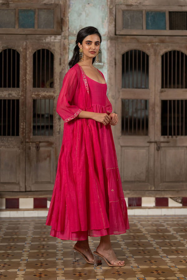 Gudhal Chanderi Silk Multi-Tier Dress - Pink