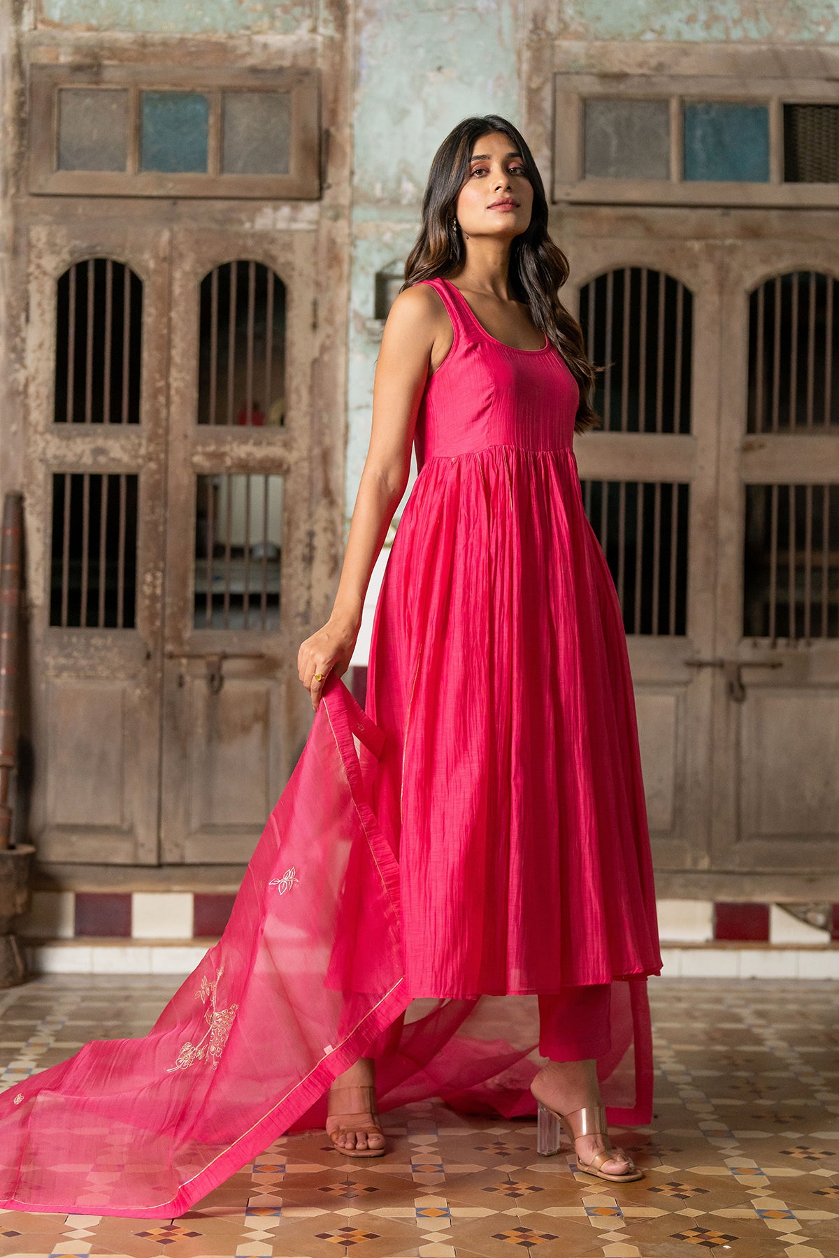 Gulab Chanderi Silk Sleeveless Anarkali with Pants - Pink