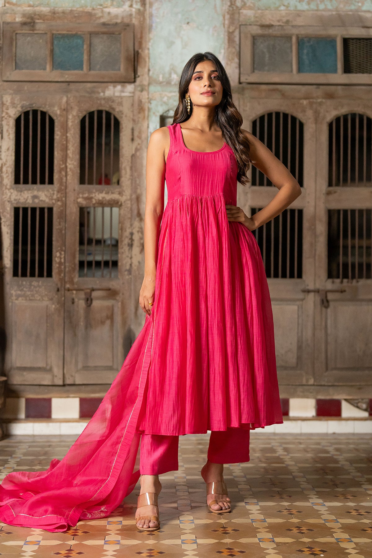 Gulab Chanderi Silk Sleeveless Anarkali with Pants - Pink