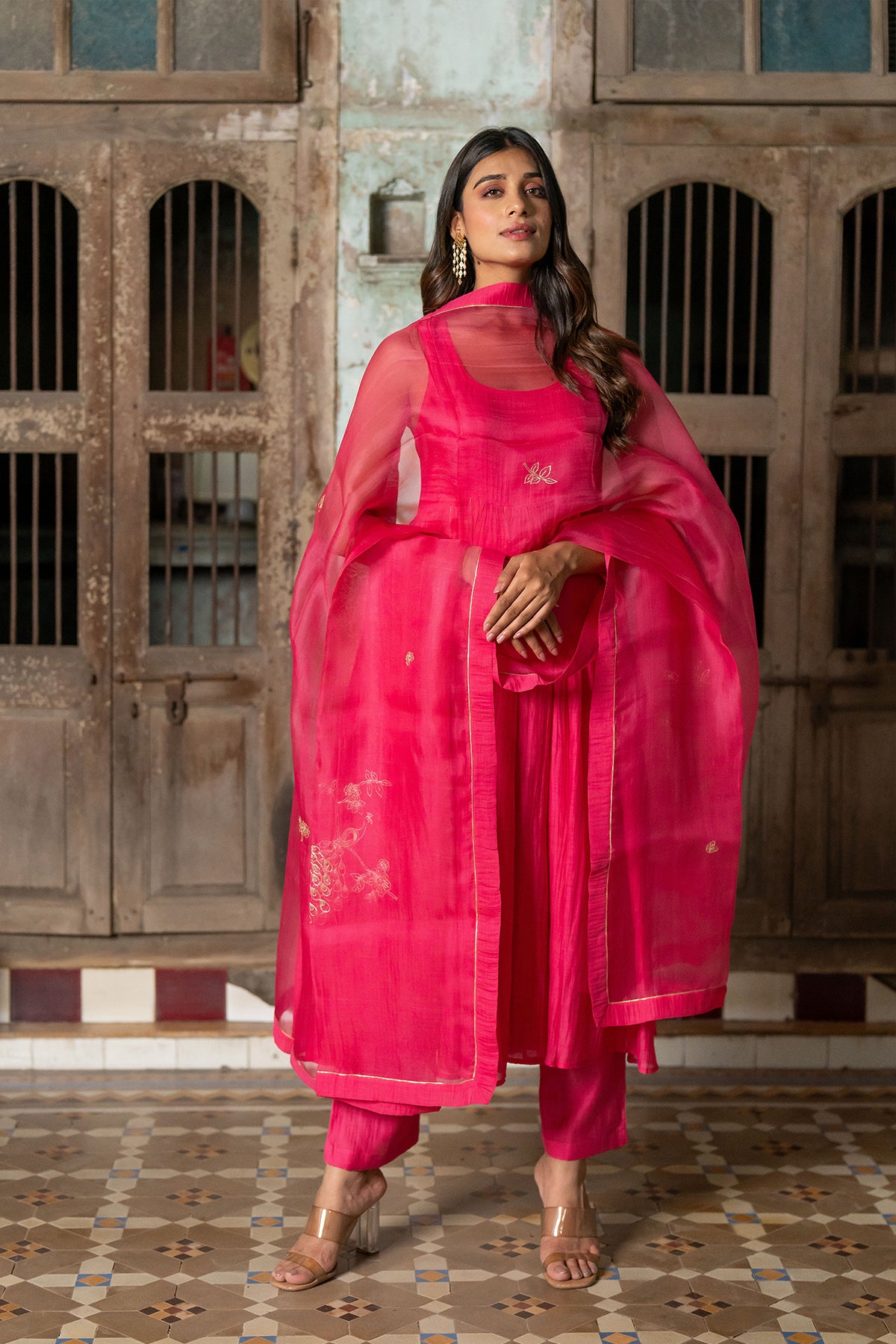 Gulab Chanderi Silk Sleeveless Anarkali with Pants - Pink