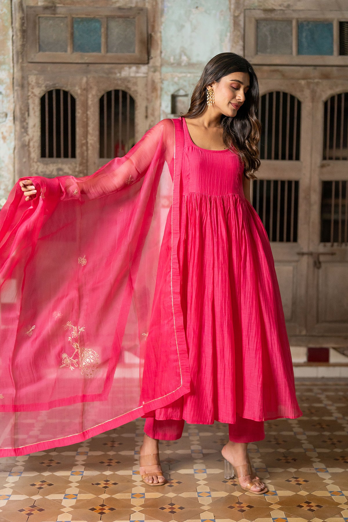 Gulab Chanderi Silk Sleeveless Anarkali with Pants - Pink