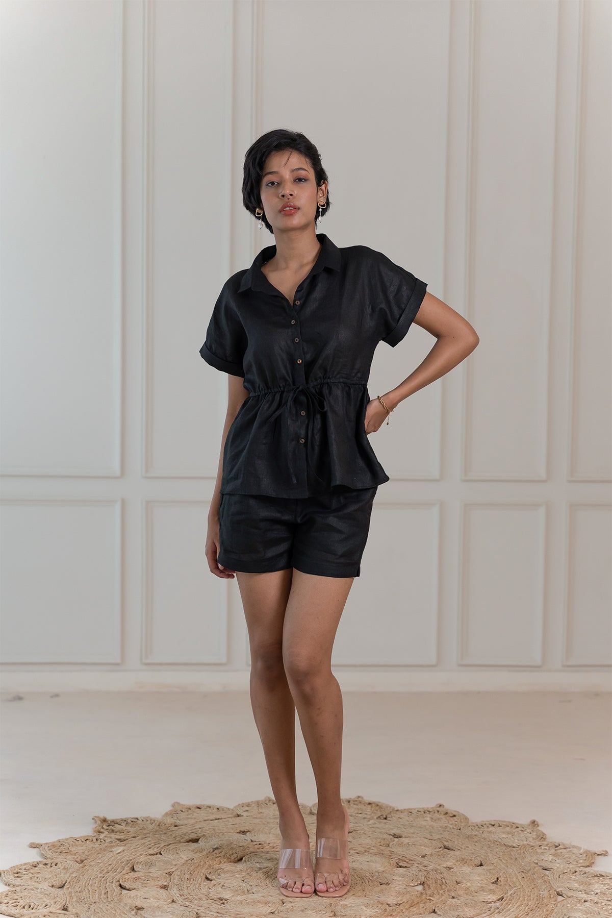 Heather Linen Drawstring Top - Black