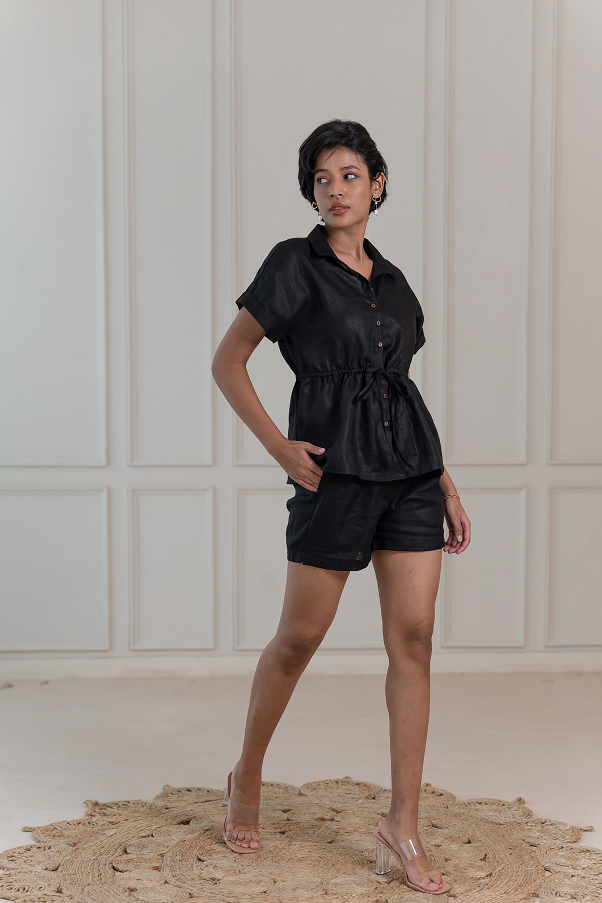 Heather Linen Drawstring Top - Black