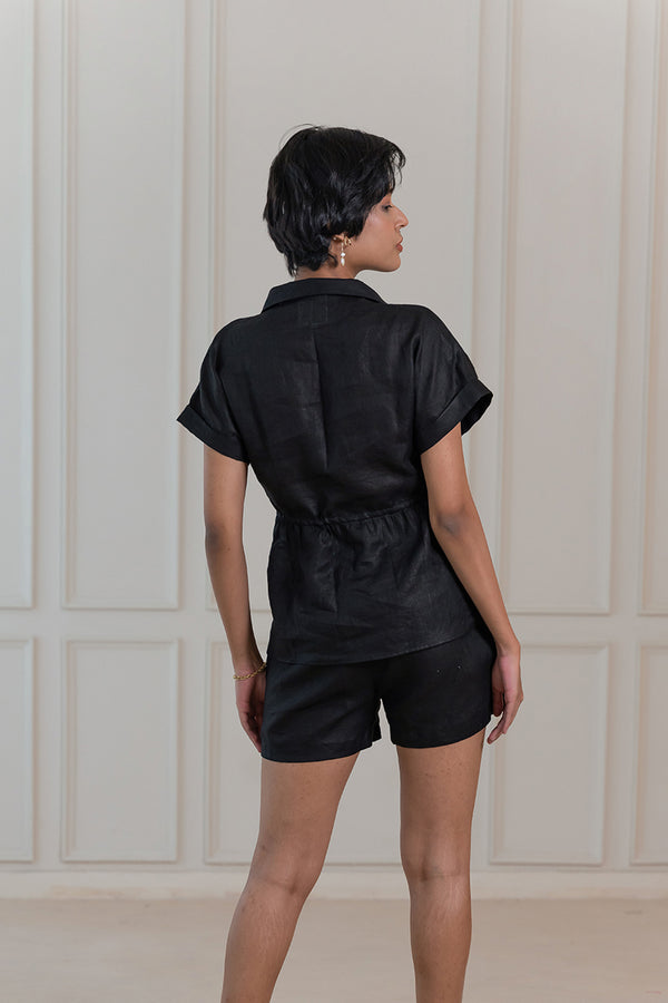 Heather Linen Drawstring Top - Black