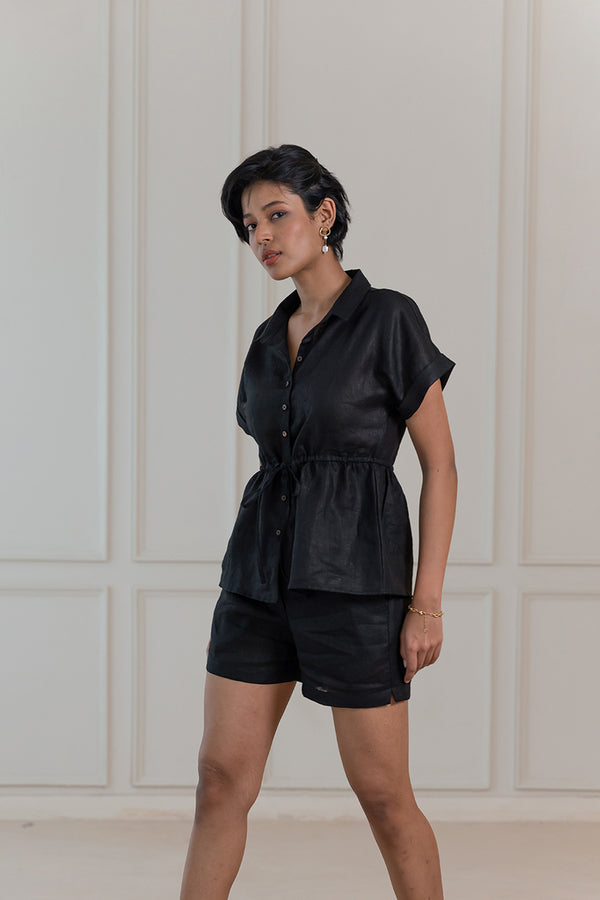 Heather Linen Drawstring Top - Black