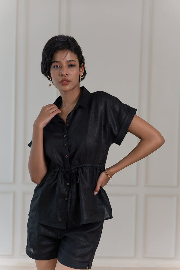 Heather Linen Drawstring Top - Black