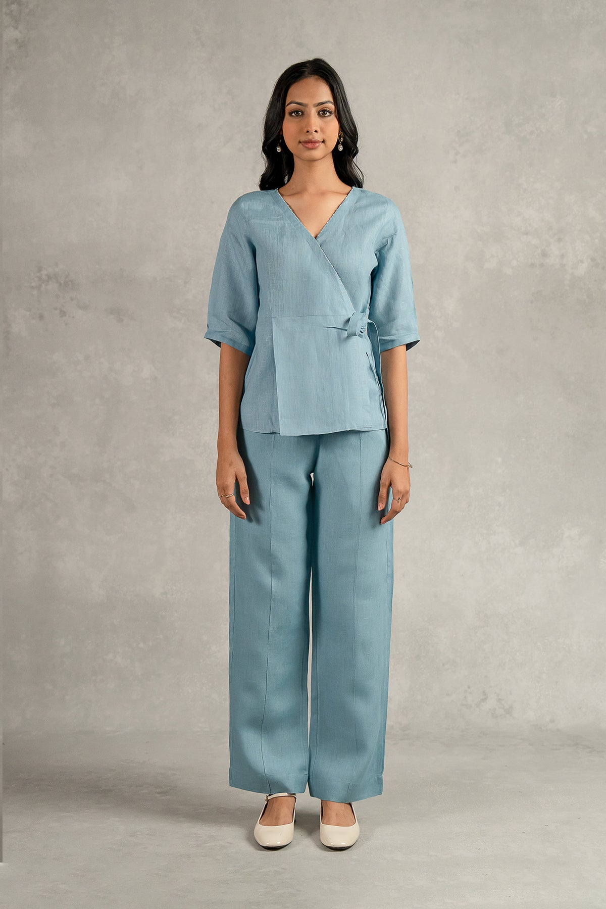 Hannah Linen Wrap Top - Icy Blue