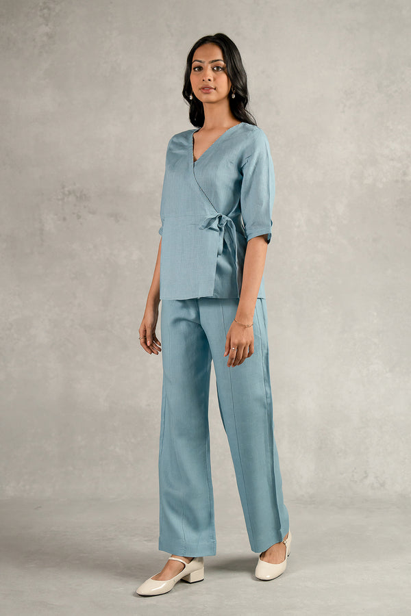 Hannah Linen Wrap Top - Icy Blue