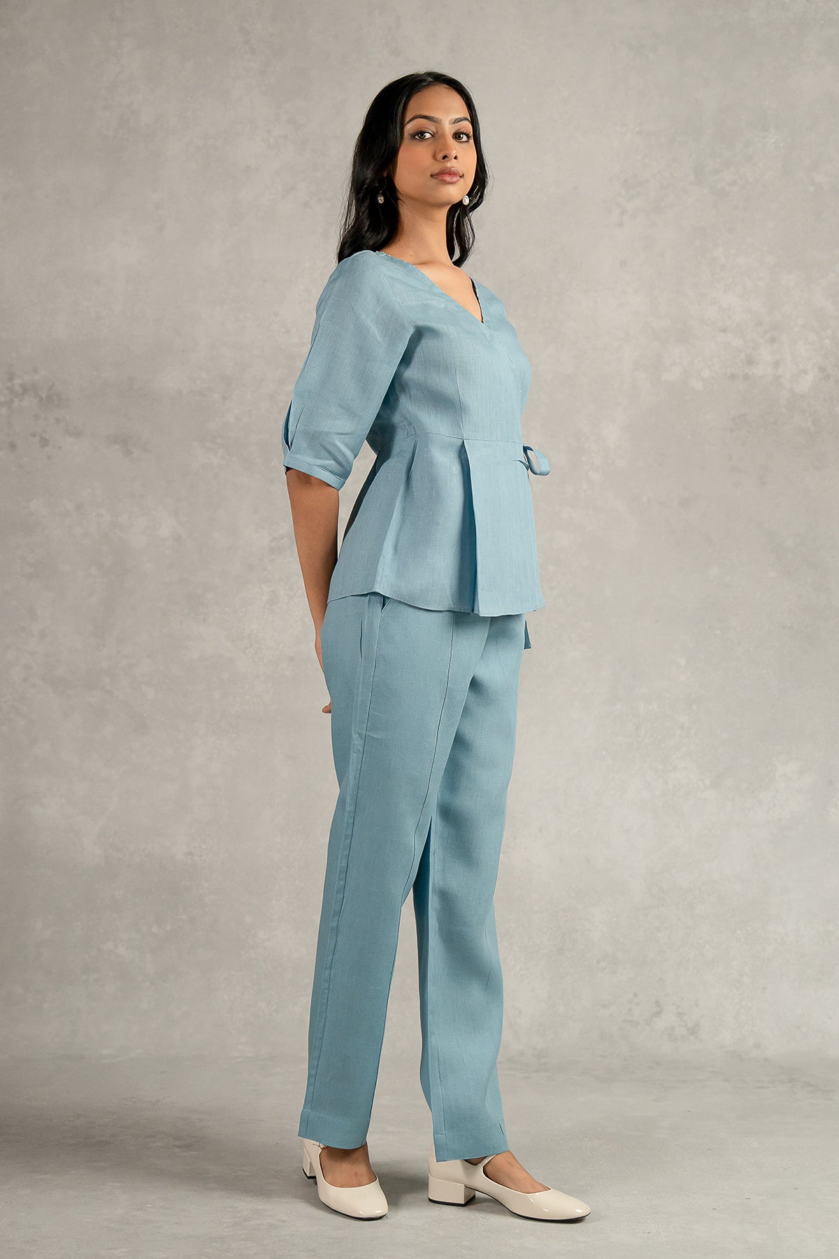 Hannah Linen Wrap Top - Icy Blue