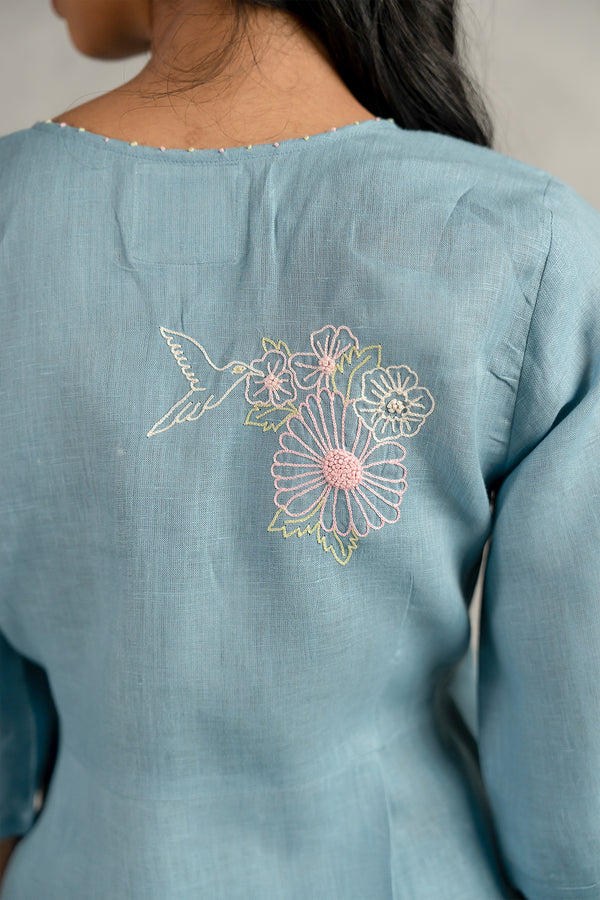 Hannah Linen Wrap Top - Icy Blue