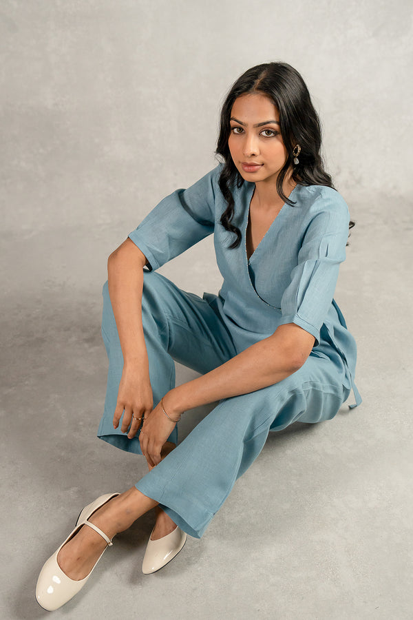 Hannah Linen Wrap Top - Icy Blue