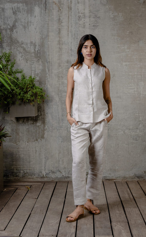 Harper- linen buttoned-up sleeveless top - Grey
