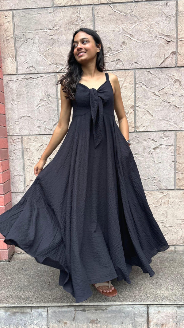 Crush Cotton Front Knot Slip Dress - Black