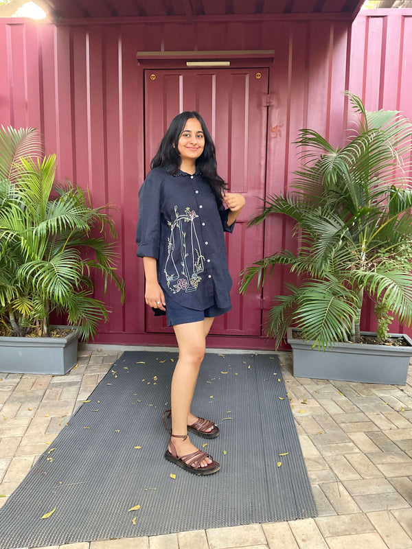 Linen Belt Shorts - Navy Blue