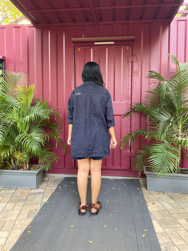 Linen Belt Shorts - Navy Blue