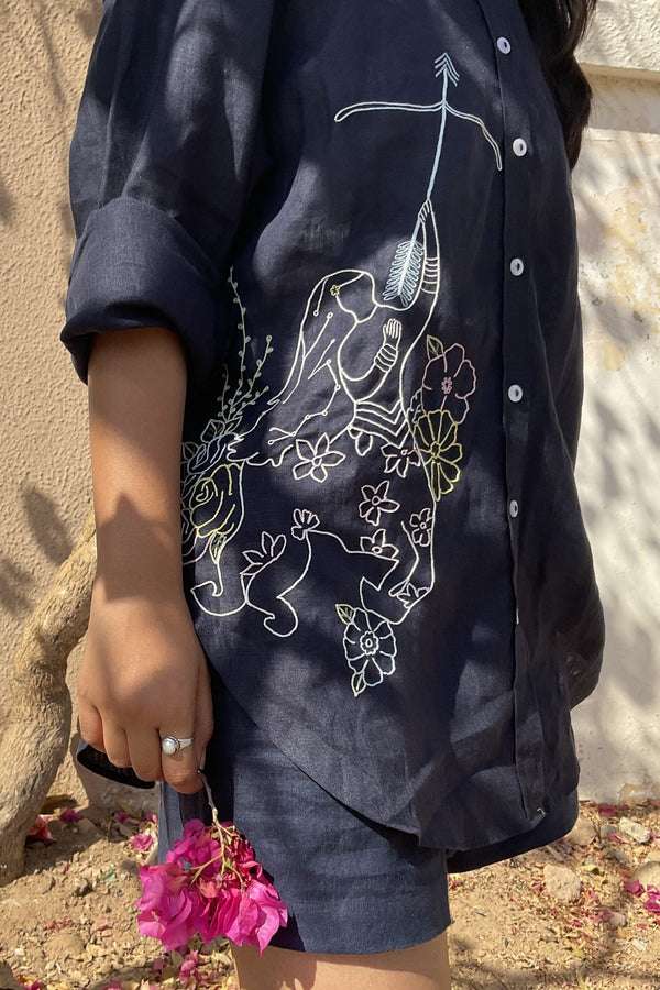 Sagittarius Linen Shirt - Navy Blue