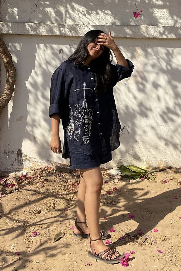 Sagittarius Linen Shirt - Navy Blue