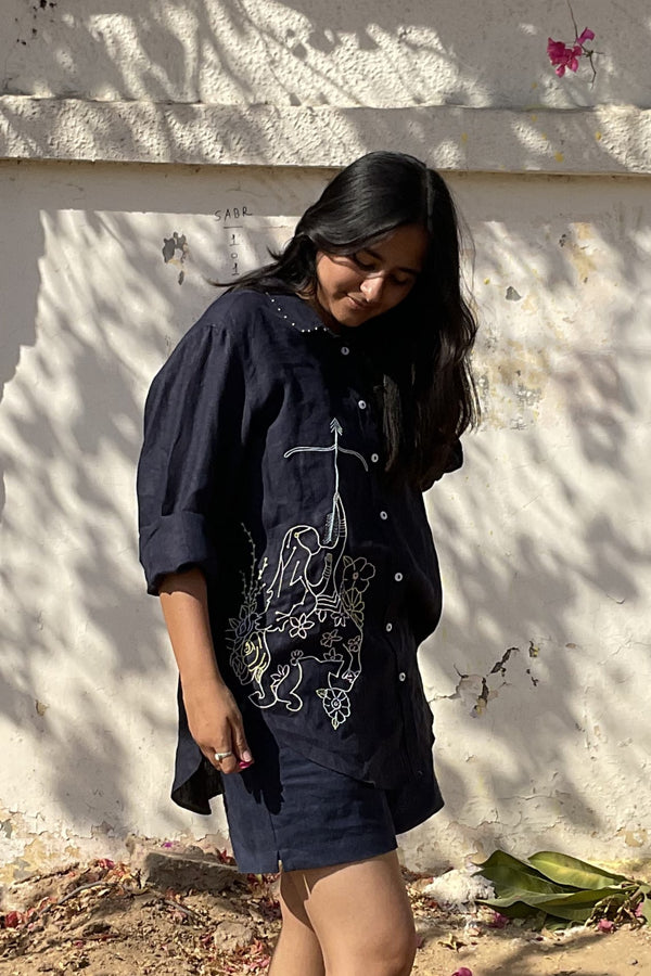 Sagittarius Linen Shirt - Navy Blue