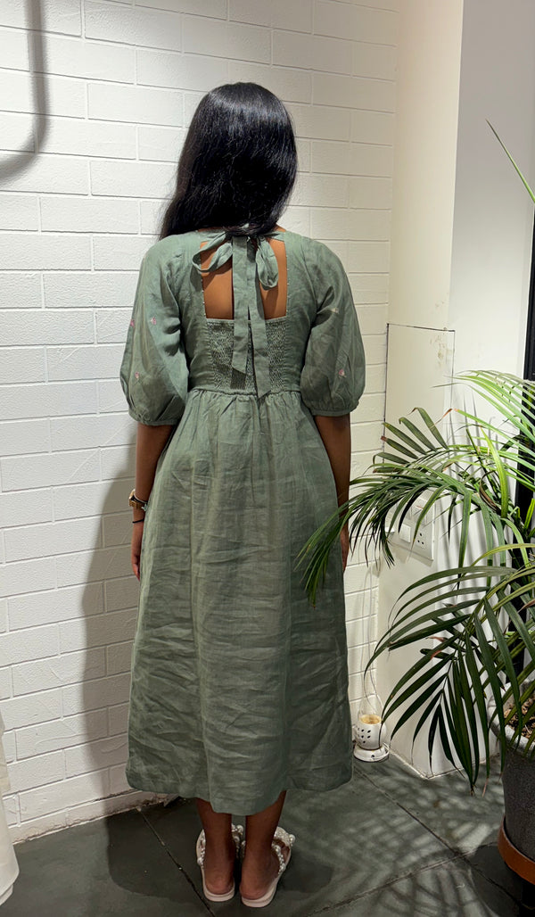 Linen Back Knot Dress - Old Olive
